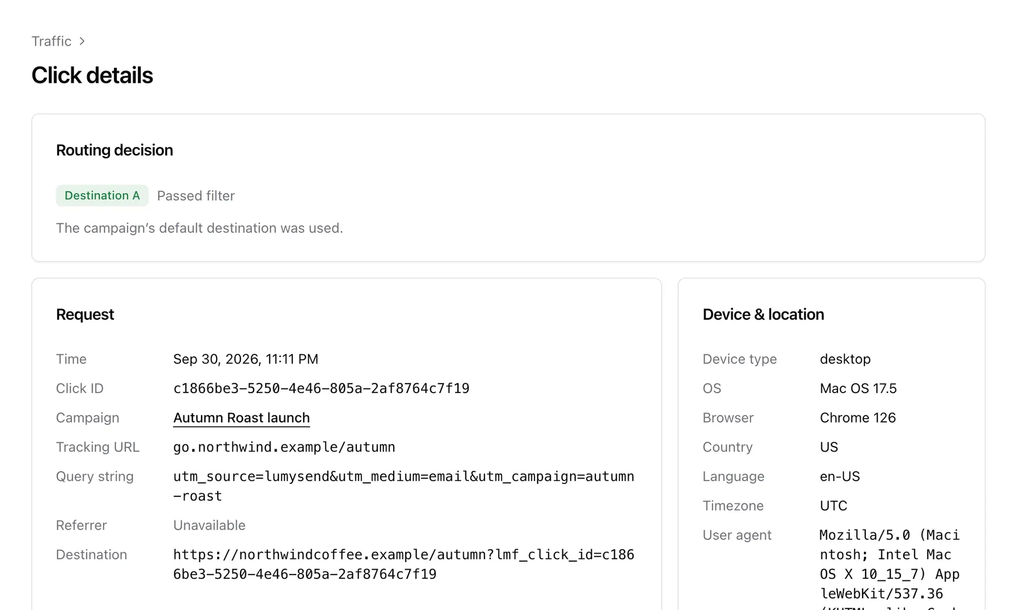 LumyFlow click detail with routing decision, request and device