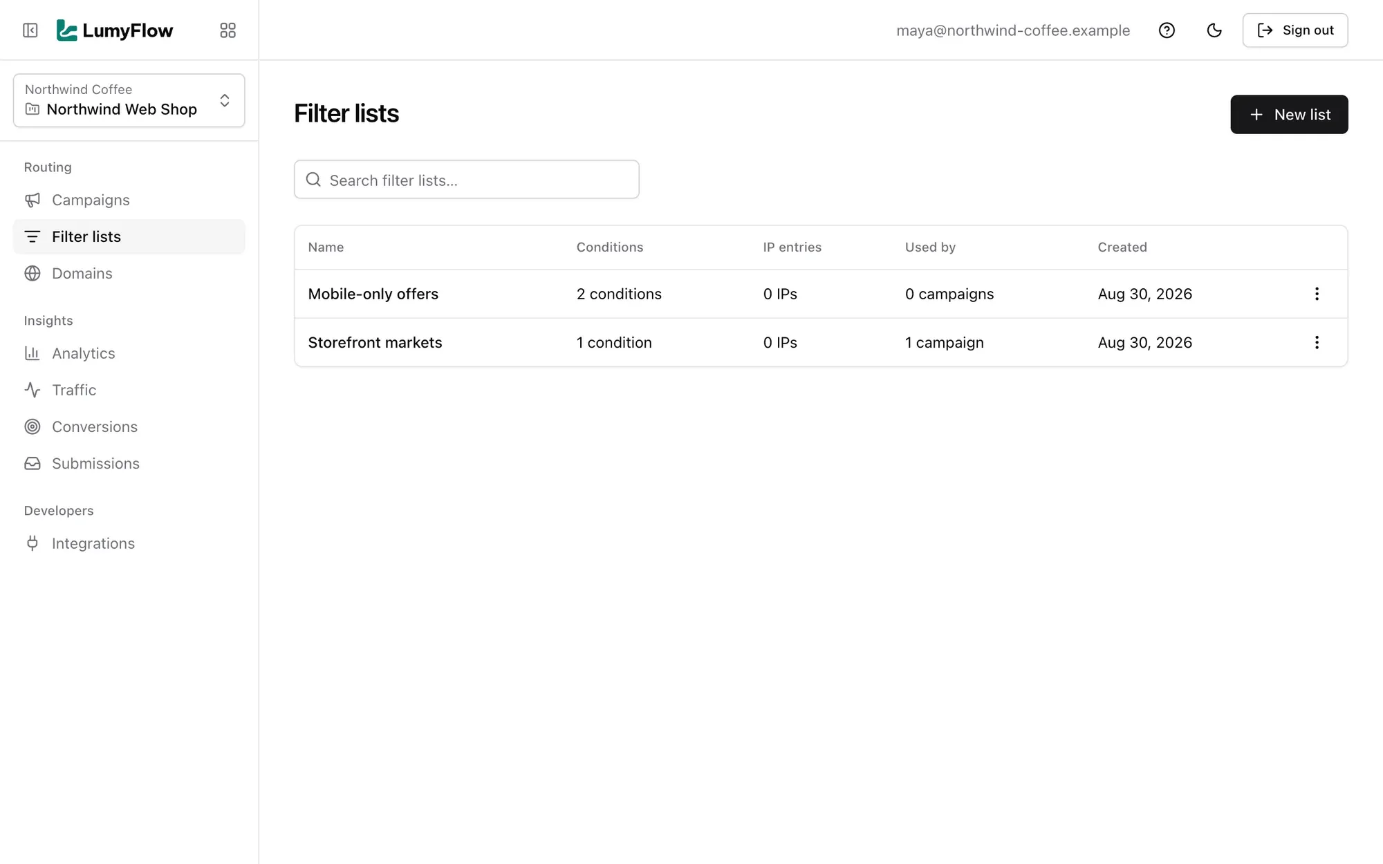 LumyFlow filter lists
