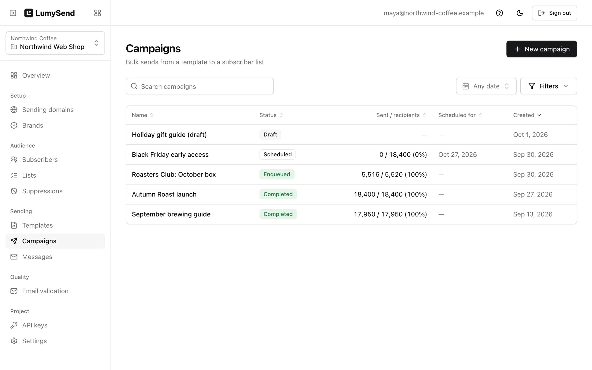 LumySend campaigns: draft, scheduled, sending and completed