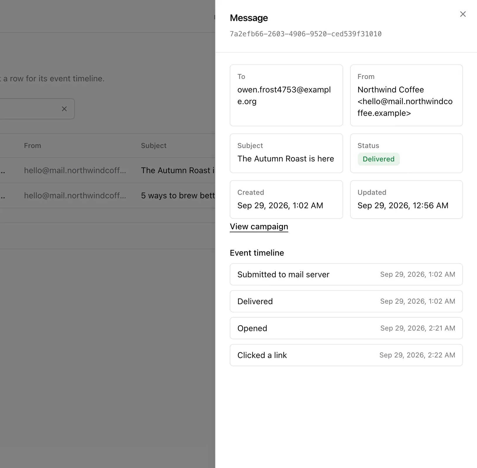 Message detail with delivery event timeline