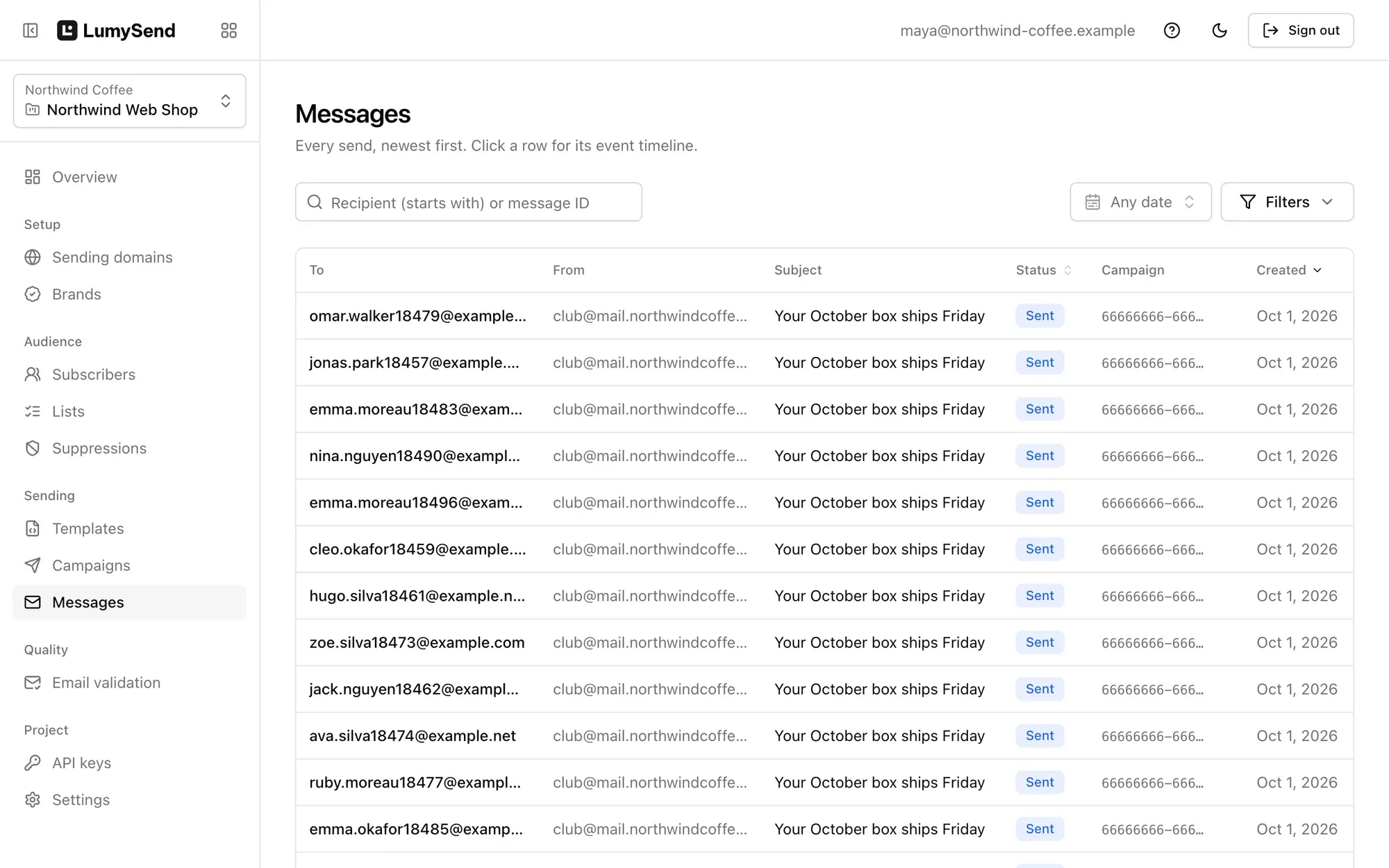 LumySend messages: every send with its status, newest first