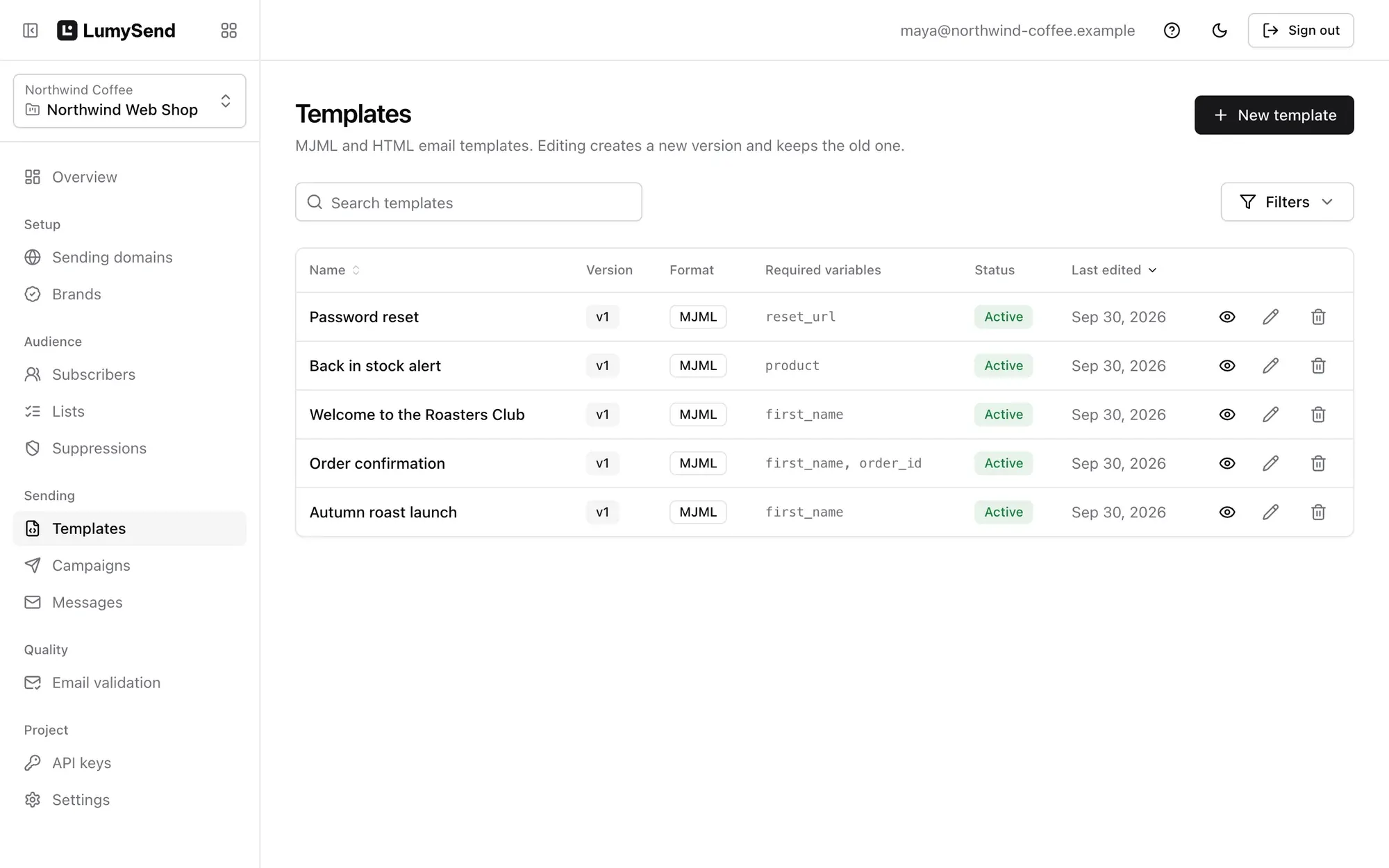 LumySend templates with version, format and required variables